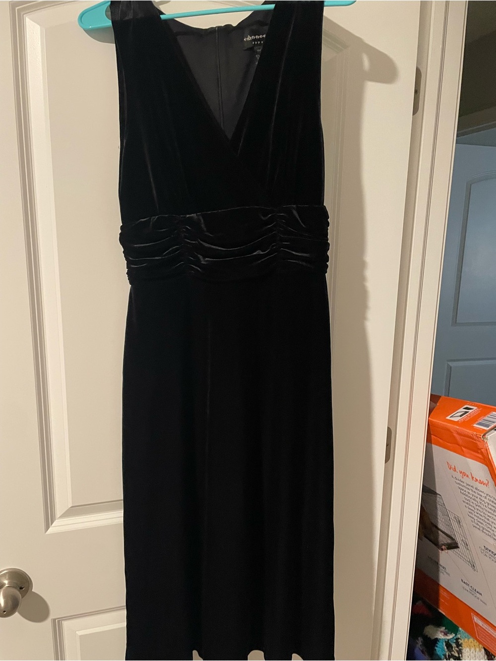 connected apparel Black Velvet Midi Dress with V-Neck
